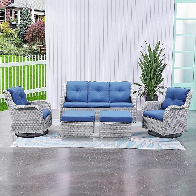 HUMMUH Outdoor Swivel Rocker Wicker Patio Chairs Set of 2,PE Rattan Rocking Chair Furniture Set(Light Grey,Blue)