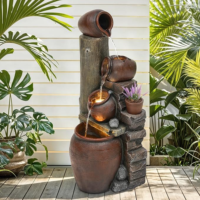40" H Overszied Outdoor/Indoor Water Fountain with LED Lights and Pump, Cascading Pitchers Farmhouse Garden Fountain Waterfall for Patio, Porch, or Yard