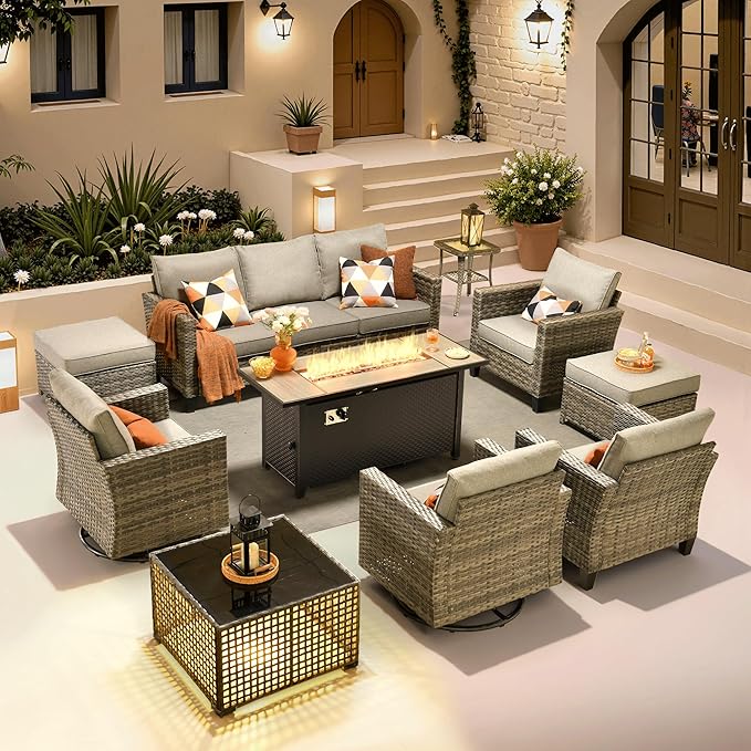ovios 10 Pieces Patio Furniture Set with Swivel Chairs Rocking Gliders, 54" Fire Pit Table, Outdoor Sofa Couch with Solar Lights Table, Modern Deep Seat Wicker Rattan Conversation Set, Dark Grey