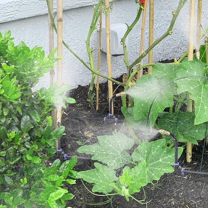 Mornajina 5Packs Brass Misting Nozzles Tee with 4inch Built in Hose for Outdoor Cooling System, Adjustable 360° Rotation, Water Mister Nozzles Thread Sprayer 0.043" (1.1 mm)