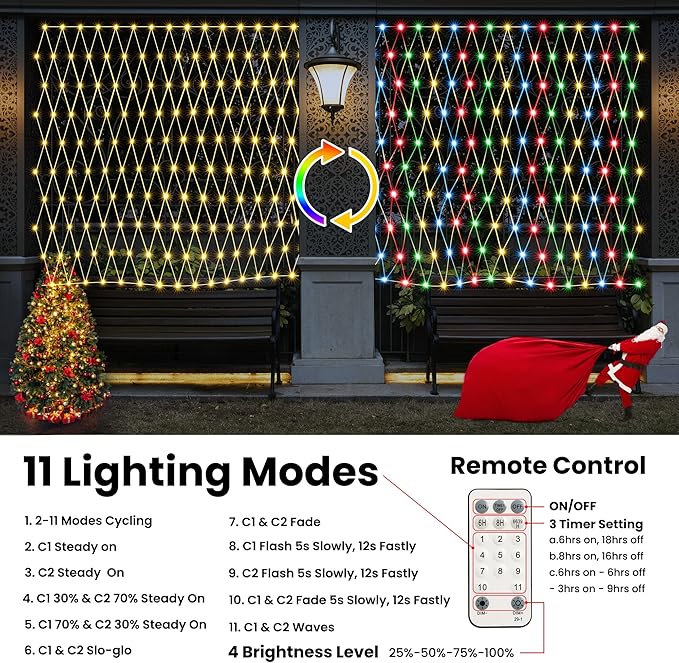 12ft x 5ft 360 LED Christmas Net Lights, 11 Modes 30V Christmas Net Lights, Warm White-Multi Color Changing Mesh Decorative Net Lights for Xmas Tree Bush Wedding Garden Outdoor Indoor Decor