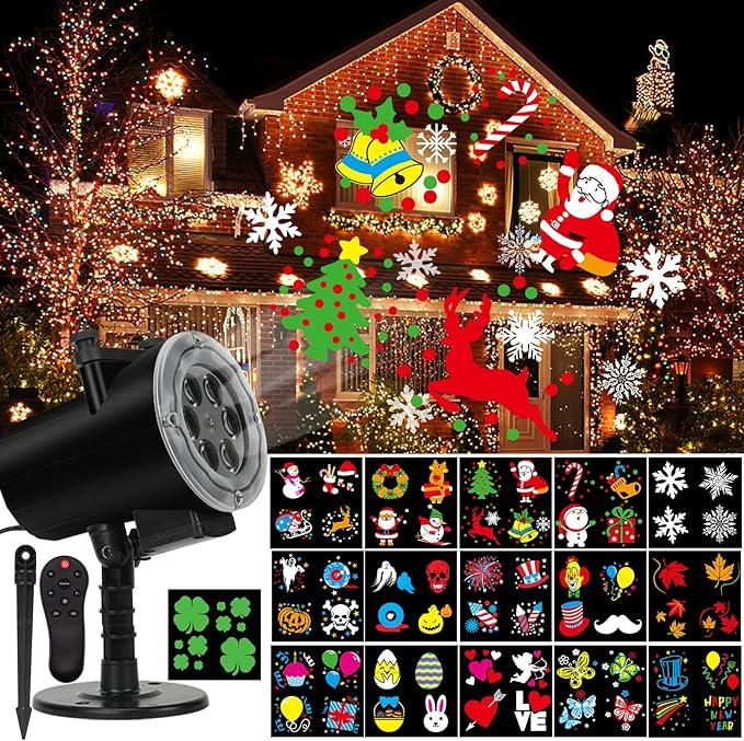 Holiday Projector Light, Syslux Halloween Christmas Projector Lights 16 HD Slides LED Waterproof Light Outdoor Indoor Light with Remote Control for Party Garden Halloween Xmas Holiday Landscape Decor