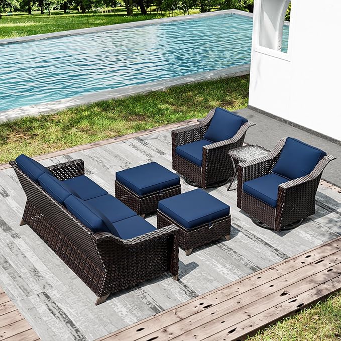 Joyside Wicker Patio Furniture Sets, 6 Pieces Upgraded Large Size Outdoor Furniture with Swivel Rocking Patio Chairs, Outdoor Ottoman, 3-Seat Sofa and Side Table, Thick Cushions, Wide Armrest