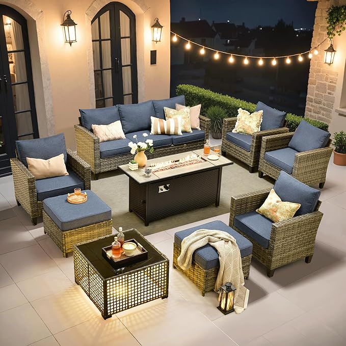 ovios 9 Pieces Patio Furniture Set with 54" Fire Pit Table, Outdoor Sofa Couch with Solar Lights Table Comfy Cushions, Modern Deep Seat Wicker Rattan Conversation Set, Denim Blue