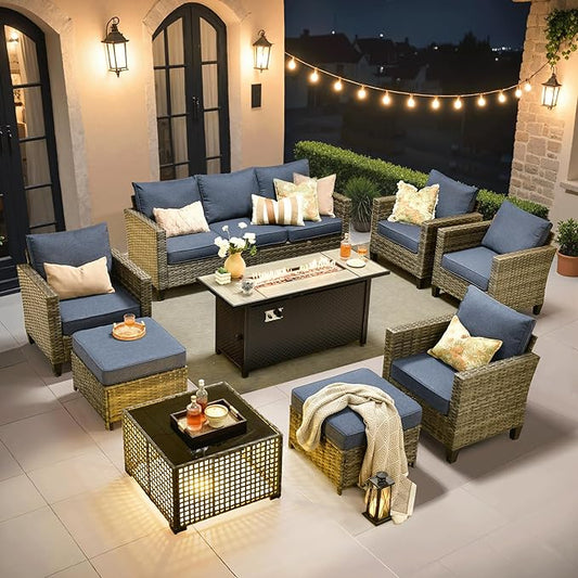 ovios 9 Pieces Patio Furniture Set with 54" Fire Pit Table, Outdoor Sofa Couch with Solar Lights Table Comfy Cushions, Modern Deep Seat Wicker Rattan Conversation Set, Denim Blue