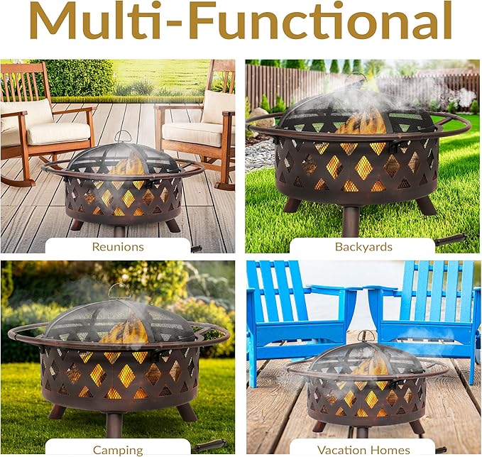 Sunnydaze Crossweave Outdoor Fire Pit - Wood-Burning Fire Pit for Outside with Spark Screen, Poker and Round Cover - 30-Inch - Bronze