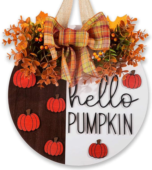 Hello Pumpkin Wooden Door Hanger Fall Outdoor Wreath with Bow & Wreath | Thanksgiving Fall Front Door Decor | Rustic Harvest Farmhouse Sign for Porch, Wall | Indoor Outdoor Autumn Home Decor