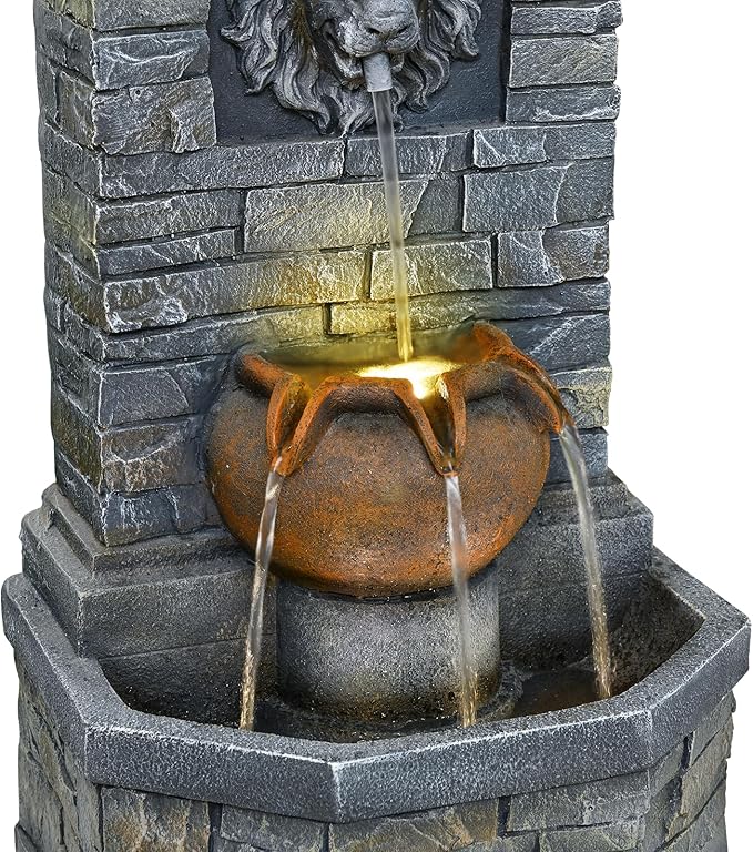 26'' Outdoor Garden Floor-Standing Water Fountain Lion Head Stone with Lights Outdoor Waterfall for Patio, Backyard, Deck, Porch and Home Art Decor