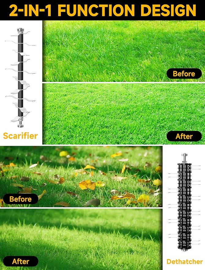 15.5 Amp 16-Inch Electric Dethatcher and Scarifier, Lawn Dethatcher with Foldable Design, 14.5-Gallon Bag, 5-Position Depth Adjustment, Quick Blade Replacement, Ideal for Healthy Lawn Care