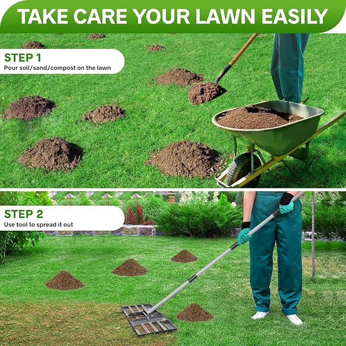 Lawn Leveling Rake, Lawn Leveler with Stainless Steel Long Handle, Heavy Duty Yard Level Tool for Leveling Soil, Sand Or Dirt Surfaces, Gardening Gloves Gift Included (17x10in)