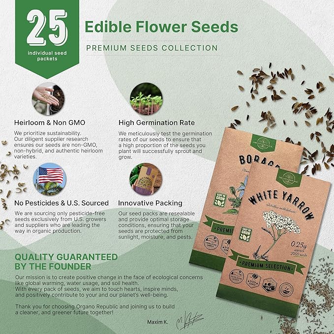 Organo Republic 25 Edible Flower Seeds Variety Pack- Indoor/Outdoor. 8000+ Non-GMO Heirloom: Anise, Hyssop, Nasturtium, Pansy, Echinacea, Lavender, Chives Seeds & More