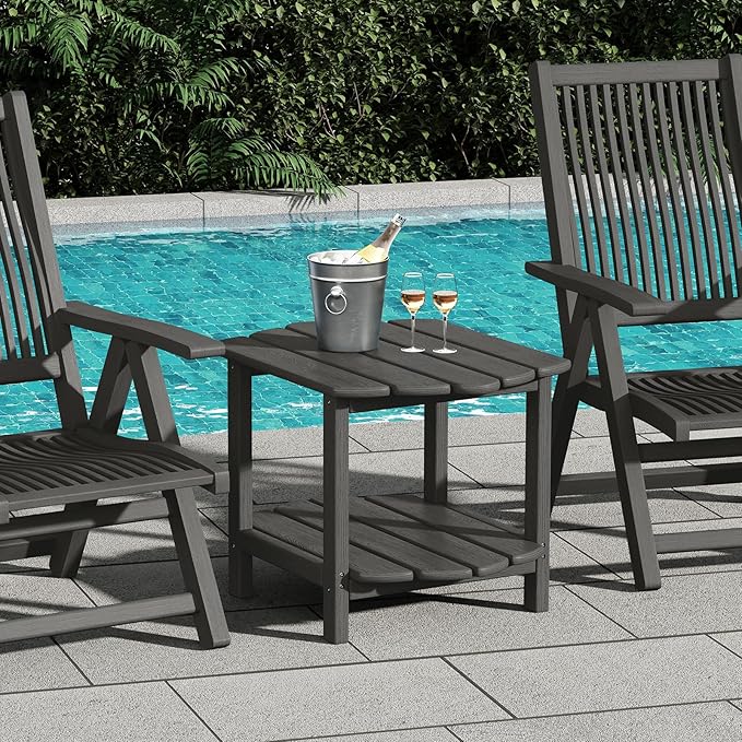 Small Outdoor Side Tables Modern 2-Tier Adirondack Table Rustic End Table HDPE Storage Shelf Industrial Corner Rectangle Coffee Table for Patio Garden Balcony Backyard Pool Farmhouse Home Grey