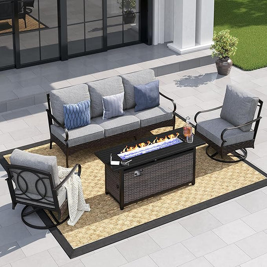 Patio Furniture Set with 56" Fire Pit Table, Premium Outdoor Wicker Metal Frame Furniture with Upgraded Waterproof Thick Cushions for Porch, Poolside, Deck, and Yard （4 Pieces,Grey
