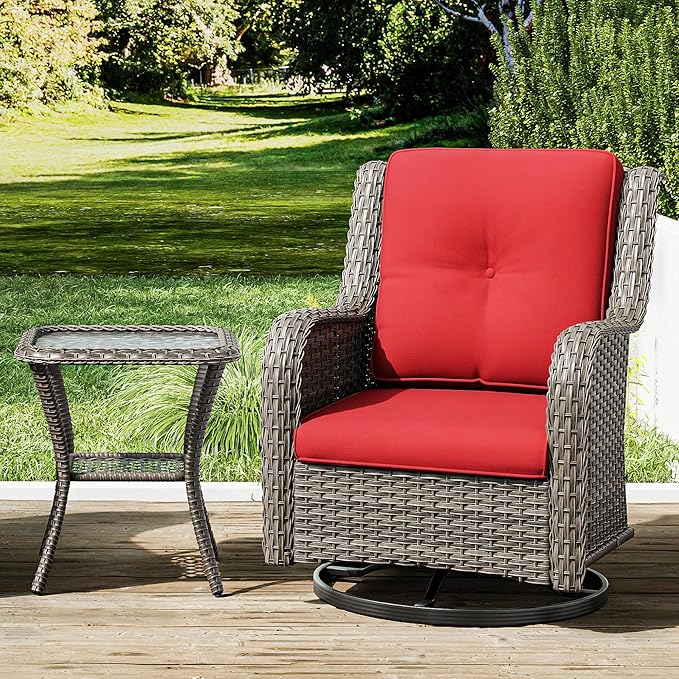 Joyside Outdoor Swivel Rocker Patio Chair and Matching Side Table - 2-Piece Wicker Patio Bistro Set with Premium Fabric Cushions (Brown Mixed with Grey/Red)