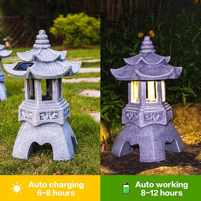 DIBIEECN 2 Pack Japanese Pagoda Garden Statues, Solar Lights for Patio Outdoor, Zen Landscape Lighting, Asian Outdoor Decor for Patio Yard Backyard, Gifts for Women Mom Grandmon