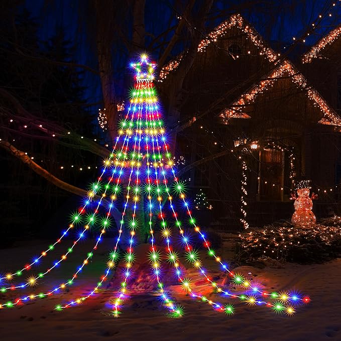 BlcTec Christmas Decorations, 352 LED Christmas String Lights with 9 Strands 11.7ft Waterfall Christmas Tree Lights, 8 Modes, Waterproof, Timer for Yard Patio Outdoor Xmas Décor, Flowing Multicolor