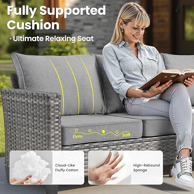 ovios 10 Pieces Patio Furniture Set with Swivel Chairs Rocking Gliders, 54" Fire Pit Table, Outdoor Sofa Couch with Solar Lights Table, Modern Deep Seat Wicker Rattan Conversation Set, Dark Grey