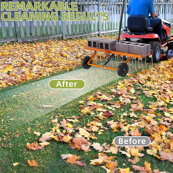 40 Inch Orange Tow-Behind Dethatcher with 20 Spring Steel Tines, Pull Dethatcher for Outdoor Yard Care, Garden Farm Grass Tractor Rake to Remove Thatch, Leaves and Needles from Large Lawn Areas