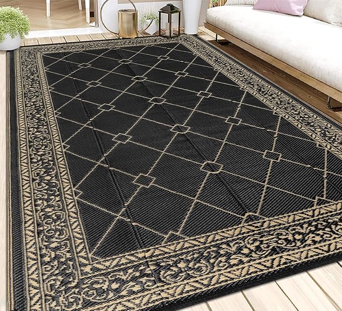HEBE Outdoor Rug Waterproof 6x9, Reversible Plastic Straw Rug RV Camping Rug, Indoor Outdoor Patio Mat Clearance, Outside Carpet for Porch,Deck,Camper,Balcony,Backyard,Picnic