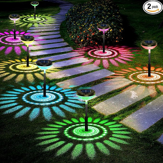 Bright Pathway Lights 2 Pack,Color Changing+Warm White LED Solar Lights Outdoor,IP67 Waterproof Solar Powered Garden Lights for Path Walkway Yard Backyard Lawn Landscape Decorative
