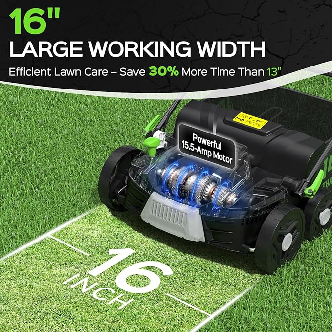 16-Inch 15.5 Amp 2-in-1 Electric Dethatcher and Scarifier with 14.5-Gallon Removable Thatch Collection Bag, Lawn Dethatcher with 5-Position Depth Adjustment, Quick-Fold, Keeps Lawn Healthy