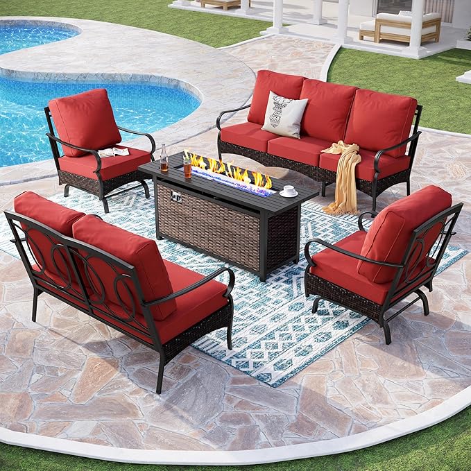 PHI VILLA Patio Furniture Set with 56" Fire Pit Table, Premium Outdoor Wicker Metal Frame Furniture with Upgraded Waterproof Thick Cushions for Porch, Poolside, Deck, and Yard