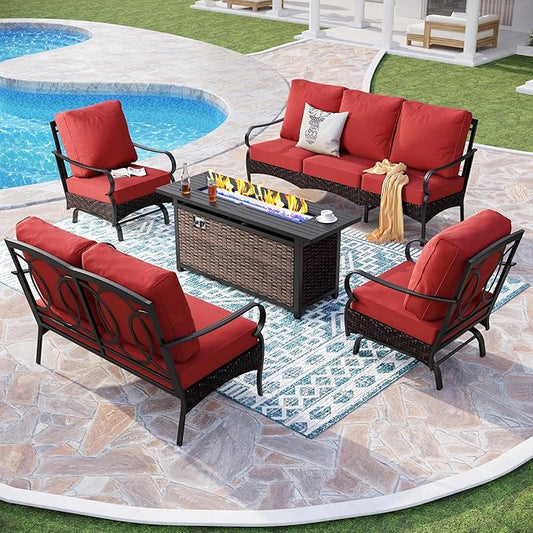 PHI VILLA Patio Furniture Set with 56" Fire Pit Table, Premium Outdoor Wicker Metal Frame Furniture with Upgraded Waterproof Thick Cushions for Porch, Poolside, Deck, and Yard