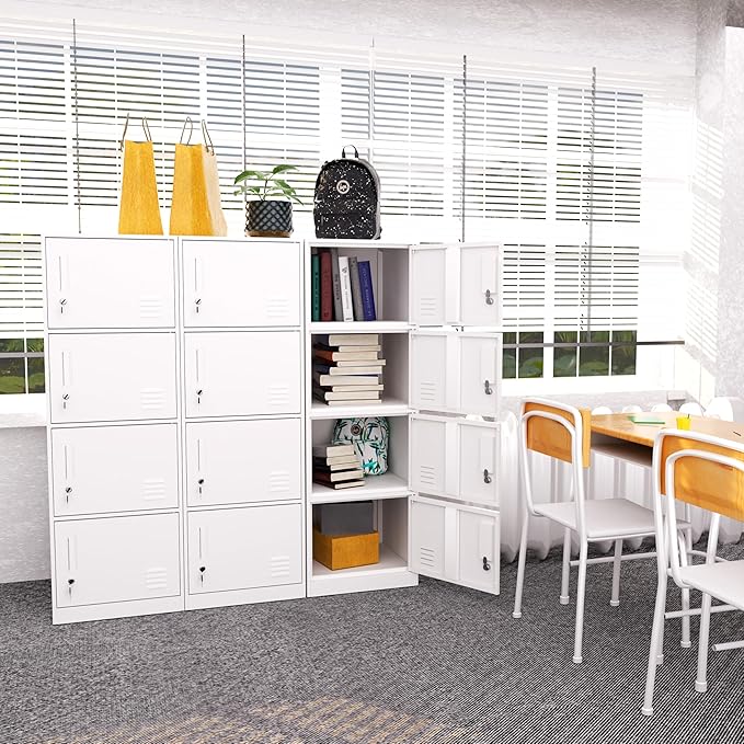 4 Door Metal Storage Locker Cabinet for Office, Home, Gym, School, Steel Cabinet to Storage File, Toys, Shoes and Sports Equipment, Locker Organizer for Gym Office Bedroom (4 Door, White)