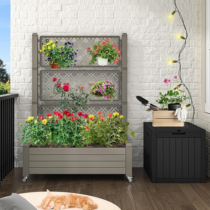 YITAHOME 43.3x17.7x61 in Planter Trellis Box with Wheels & Drain Plug, Outdoor Resin Raised Garden Bed for Climbing Plants, Large Weather-Resistant Design, Light Brown