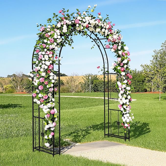 VINGLI Garden Arbor, Arch Archway for Wedding Ceremony Party, Steel Garden Trellis for Plant Climbing, Christmas Garden Decorations Pergola for Garden, Backyard, Lawn (Black, 75.5x22.8x94.5in)