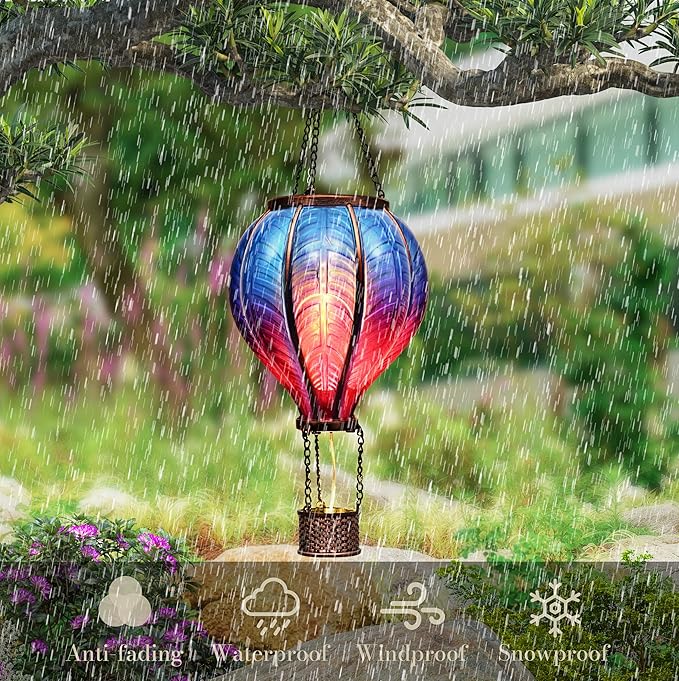 TERESA'S COLLECTIONS Hot Air Balloon Solar Lantern for Garden Decor Halloween Christmas Party,Flickering Flame Hanging Solar Light for Outdoor ,Blue & Purple Plastic Lamp for Yard Tree,Gift for Mom