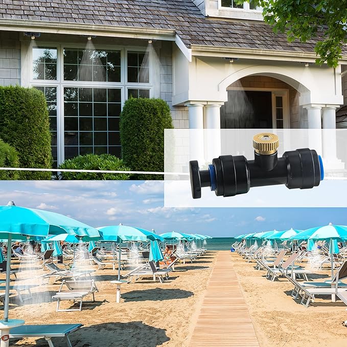 96 Pcs Brass Misting Nozzles Kit Including 48 Pcs 1/4 Inch Brass Misting Nozzles 40 Pcs Misting Nozzle Tees with 8 Plugs for Outdoor Spray Cooling System Misting Nozzle Replacements Tubing