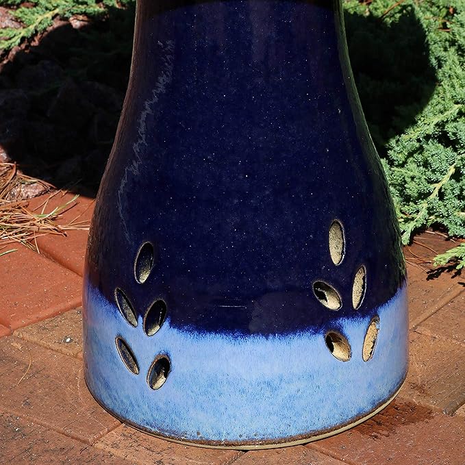 Sunnydaze 21" H Ceramic Bird Bath for Outside - Hand-Painted Outdoor Bird Bath Bowl, UV/Frost-Resistant Finish - Dark Blue - Cut Out Pedestal