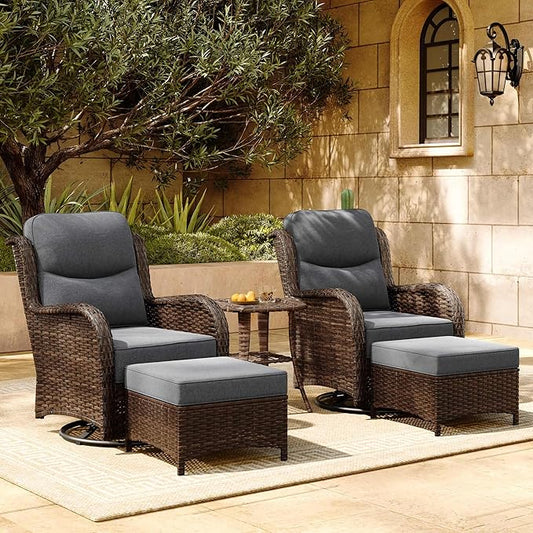 HILLGA Luxury Patio Furniture Set with 6-inch Thick Cushion, Outdoor High Back Swivel Rocker Patio Chairs, 5PCS Wicker Conversation Set for Deck Yard and Poolside, Dark Grey (V2)