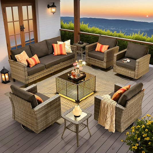 ovios 8 Pieces Patio Furniture Set with Swivel Chairs Rocking Gliders, Outdoor Sofa Couch with Solar Lights Table Comfy Cushions, Modern Deep Seat Wicker Rattan Conversation Set, Black