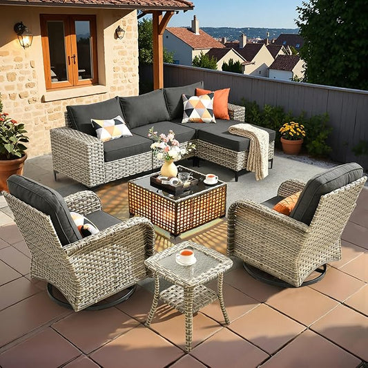 HOOOWOOO Outdoor Sectional Furniture Set,8 Pieces Wicker Patio Conversation Sets,L Shape All Weather Outside Couch Sofa Set with Swivel Chairs Solar Light Table Ottoman,Black