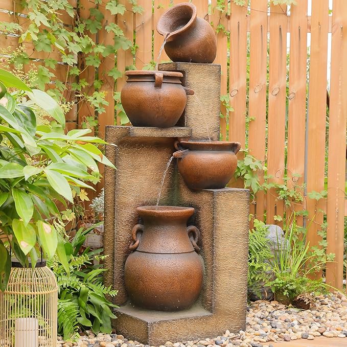 53" H Large Outdoor Water Fountain with Lights - 4 Tiered Cascading Bowls Waterfall Fountain for Garden, Patio, Backyard, Porch Inside - Freestanding Outdoor Water Feature Gold