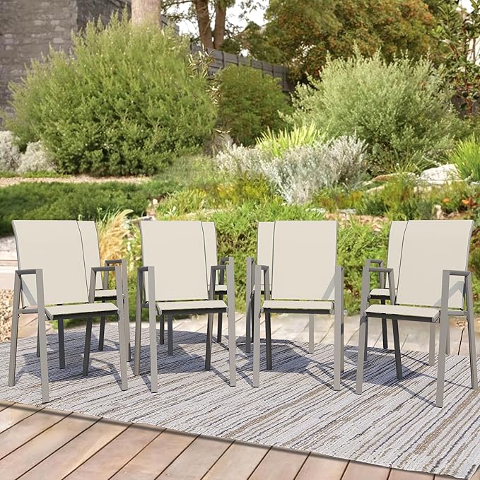Outdoor Patio Chairs Set of 8, Ivory Beige Stackable Outdoor Chairs, Lightweight Patio Set with High Back, Metal Dining Chair for Lawn, Garden, Yard and Deck