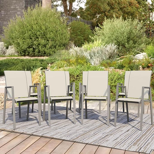 Outdoor Patio Chairs Set of 8, Ivory Beige Stackable Outdoor Chairs, Lightweight Patio Set with High Back, Metal Dining Chair for Lawn, Garden, Yard and Deck