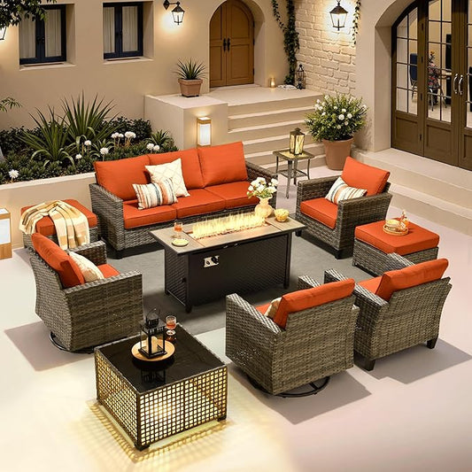 ovios 10 Pieces Patio Furniture Set with Swivel Chairs Rocking Gliders, 54" Fire Pit Table, Outdoor Sofa Couch with Solar Lights Table, Modern Deep Seat Wicker Rattan Conversation Set, Orange Red