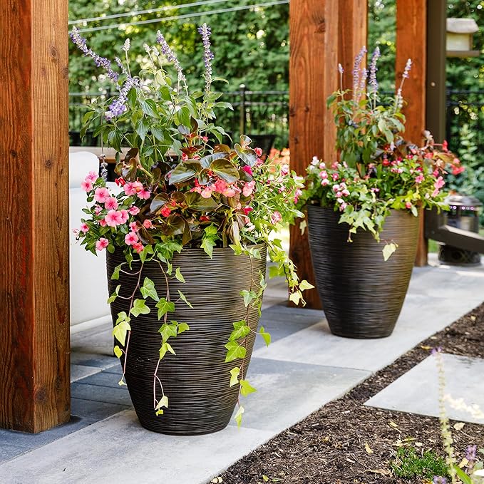 Newport 50‑Gallon Flat‑Back Rain Barrel with Stand & Planter Bundle – Bronze | Removable Lid, UV-Stabilized Outdoor Water Storage