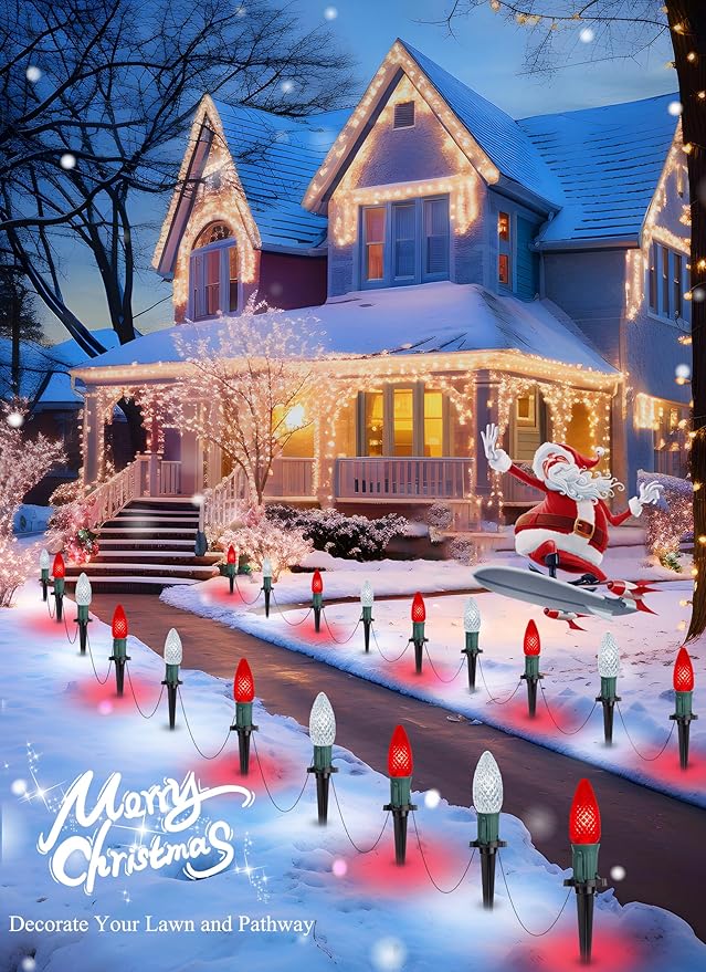 C9 LED Christmas Lights Outdoor with Stakes, 25.7 Feet 20 LED C9 Strawberry String Lights, Connectable Shatterproof Pathway Lights Marker for Path, Lane, Patio, Xmas Holiday Decorations, Red and White