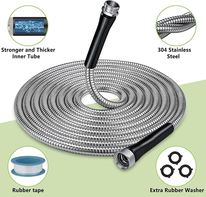 304 Stainless Steel Garden Hose 75FT-2025New Upgraded Metal Expandable Hoses With Nozzle And 3/4 Solid Fitting, Sturdy and Lightweight, Kink-Free, Rust Proof &Ultra-Durable Water Hose For Yard Camper