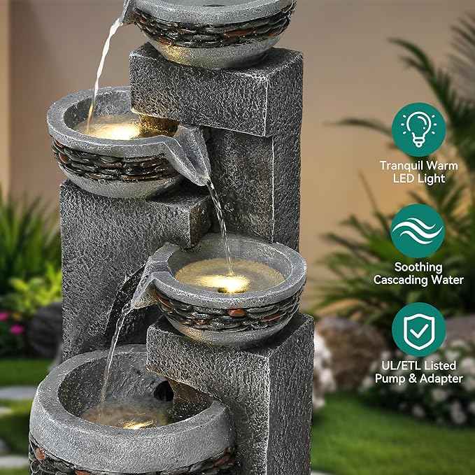 19.5" Tall 4-Tier Pedestal Outdoor Water Fountain with LED Lights and Pump, Relaxing Garden Fountain Waterfall for Patio, Porch, or Yard