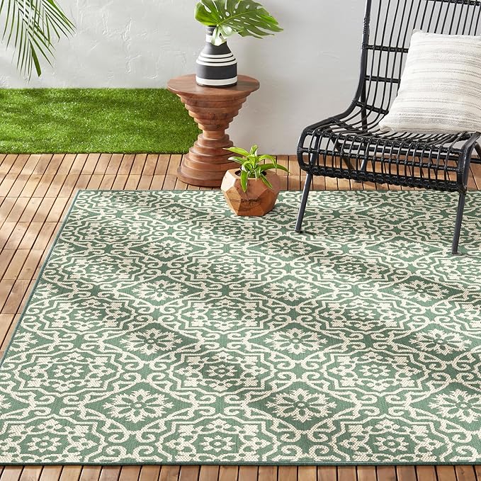 Nicole Miller New York Patio Country Julia Transitional Geometric Indoor/Outdoor Area Rug, Green/Beige, 6'6"x9'2"