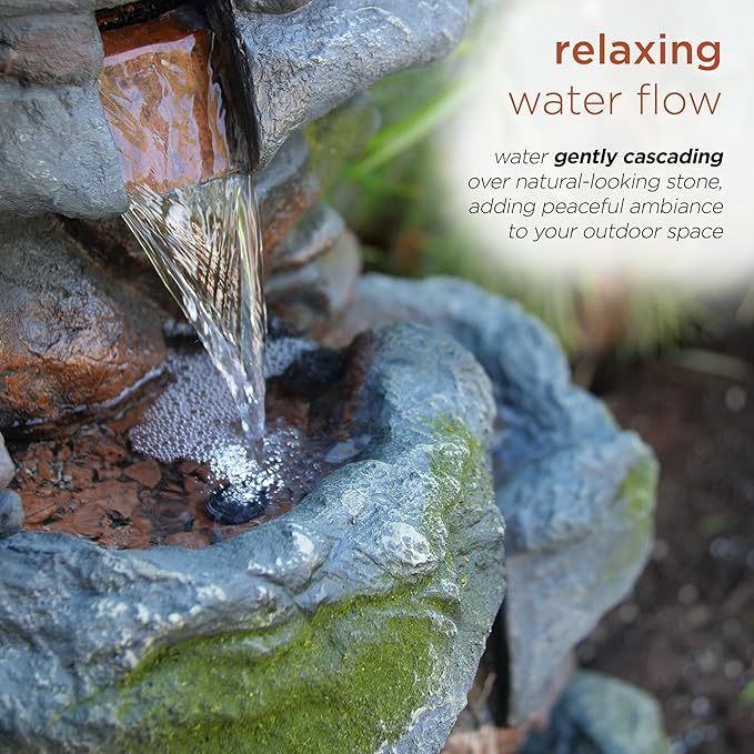 Alpine Corporation WIN582 22" Outdoor 3-Tier Rock Waterfall Fountain with LED Lights for Garden, Patio, Yard, and Porch Decor, Natural Stone Look, Gray