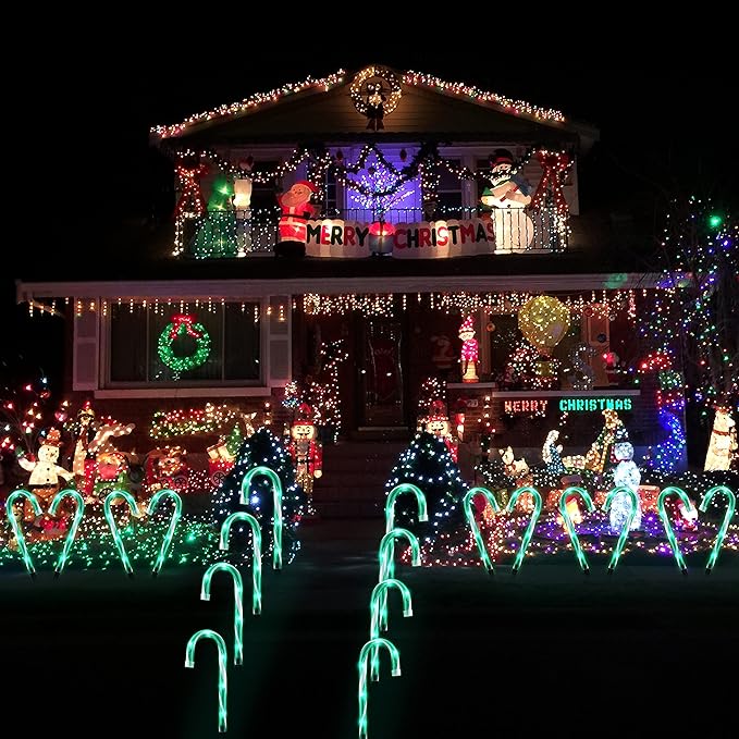 10" Christmas Candy Cane Lights - Set of 10 Pathway Markers Christmas Outdoor Yard Decorations, Green Xmas Candy Cane Stake Lights for Lawn, Walkway, Garden, Xmas Party Indoor Ornaments