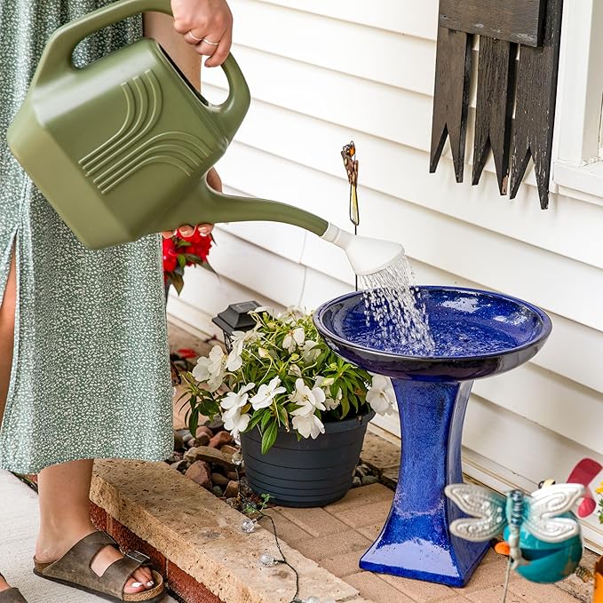 Sunnydaze Ceramic Bird Bath for Outside - 16" H - UV- and Frost-Resistant - Pedestal Bird Bath - Blue Glazed Bowl - Blue Glaze Finish