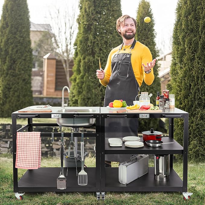 35” Outdoor Grill Cart with Sink, Outdoor Kitchen Sink Station with Hose Hook Up, Free Standing Sink with Wheels, Stainless Steel Sink with Single Bowl, Outdoor Utility Sink with Faucet