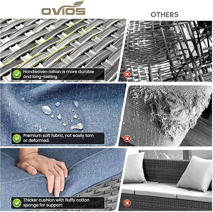 ovios 5 Pieces Patio Furniture Set, Outdoor Wicker Sofa Couch with Swivel Chairs Solar Lights Table, High Back All Weather Modern Conversation Sets, Grey Rattan, Denim Blue